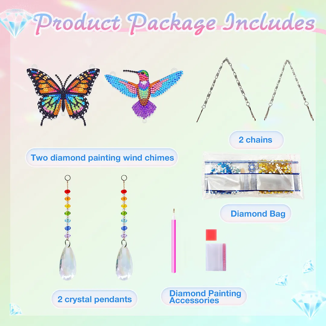 2Pcs Beautiful Butterflies and Hummingbirds DIY Double-Sided Diamond Painting Hanging Kits Diamond Painting Suncatcher Craft Kit for Home Garden Wall Decor Gift