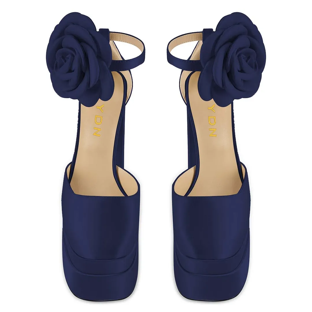 YDN Chic Navy Satin Square Toe Flower Ankle Strap Platform Heels