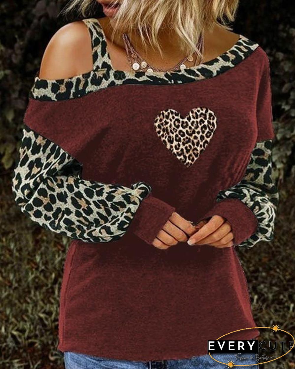 Print Leopard Cold Shoulder Long Sleeves Casual Blouses
