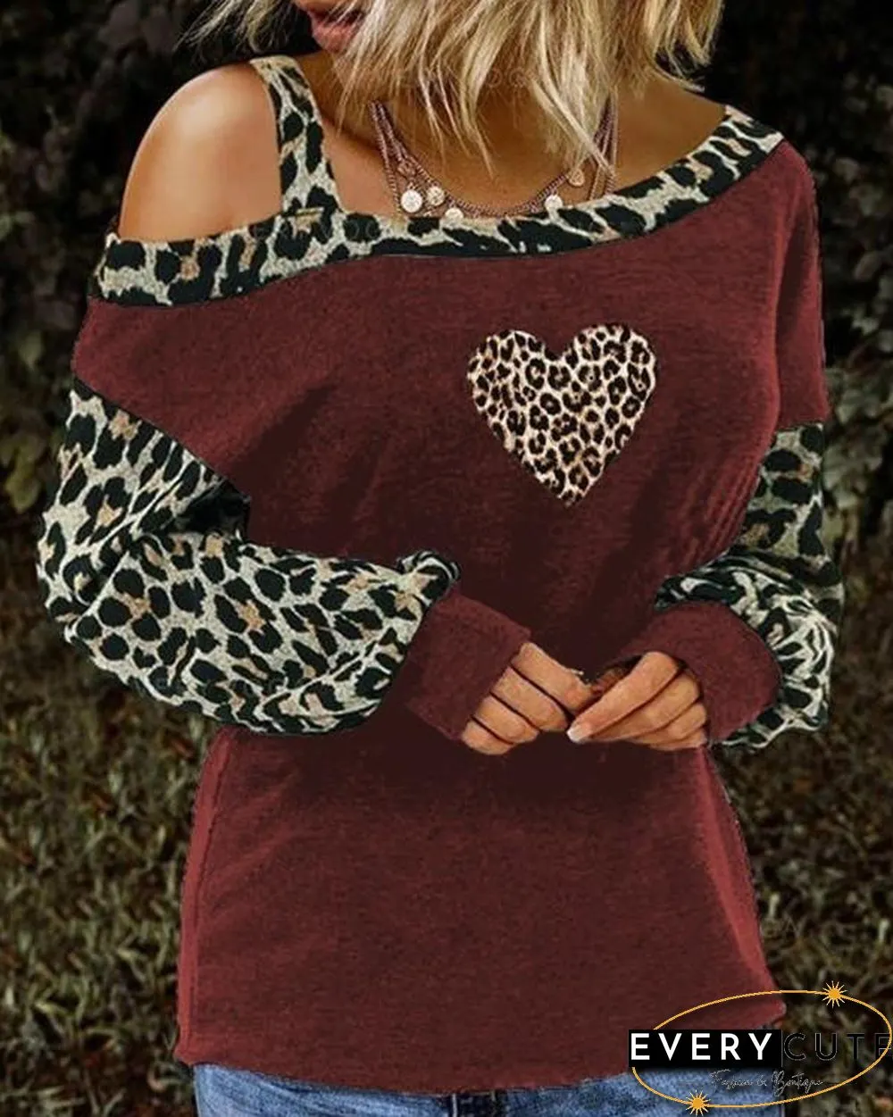 Print Leopard Cold Shoulder Long Sleeves Casual Blouses