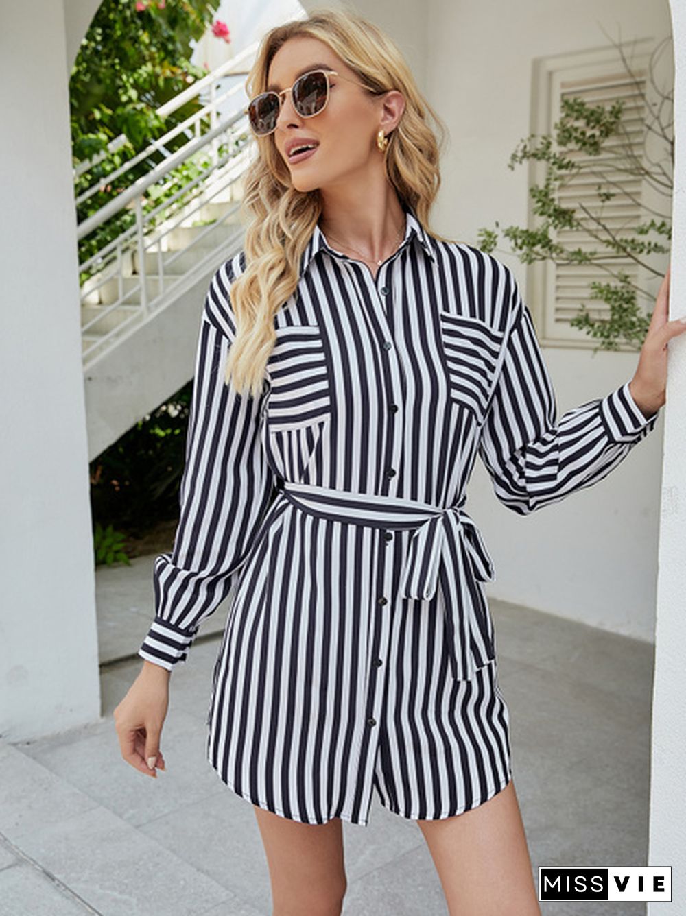 Patch Pocket Belted Striped Shirt Dress