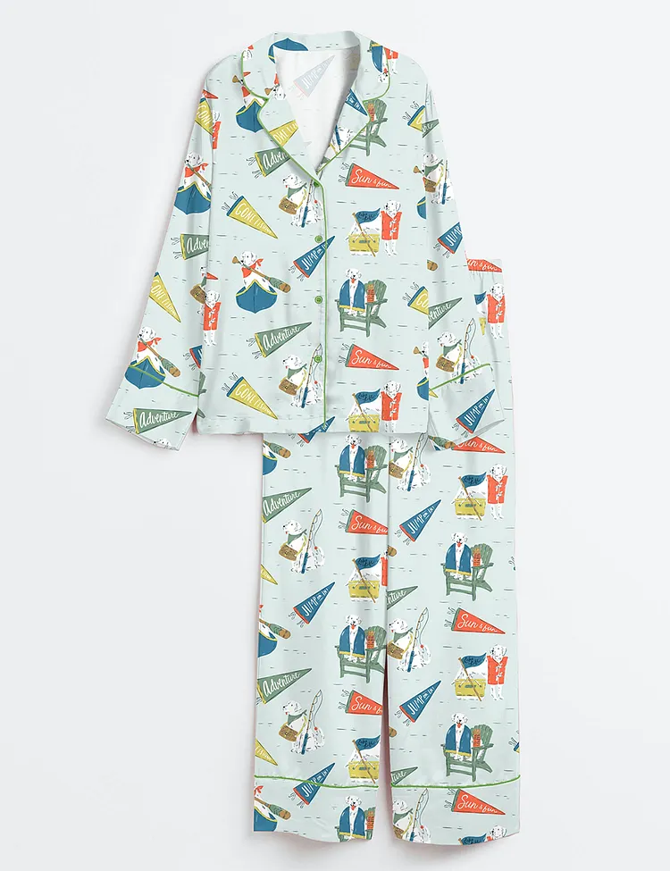 Women&rsquo;s Lake Life Dog Art Lakeside Summer Art Lake House Fishing Camp Canoeing Long Sleeve Satin Pajama Set