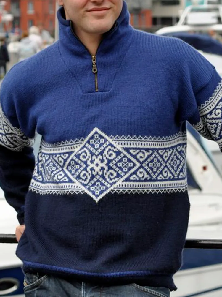 Vintage Warmth Hemsedal Knit Jacquard Icelandic Half Zip Collar Sweater（Unisex ）