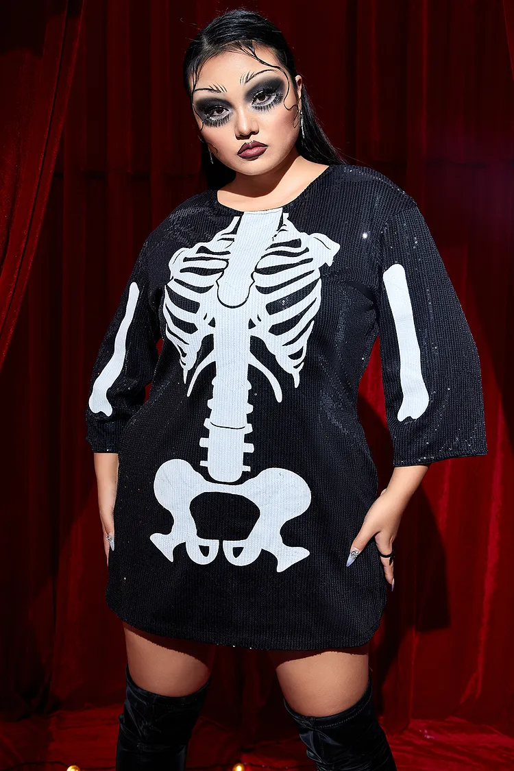 Xpluswear Design Plus Size Halloween Costume Black Sequin Skeleton Mini  Dress With PocketShips 24h