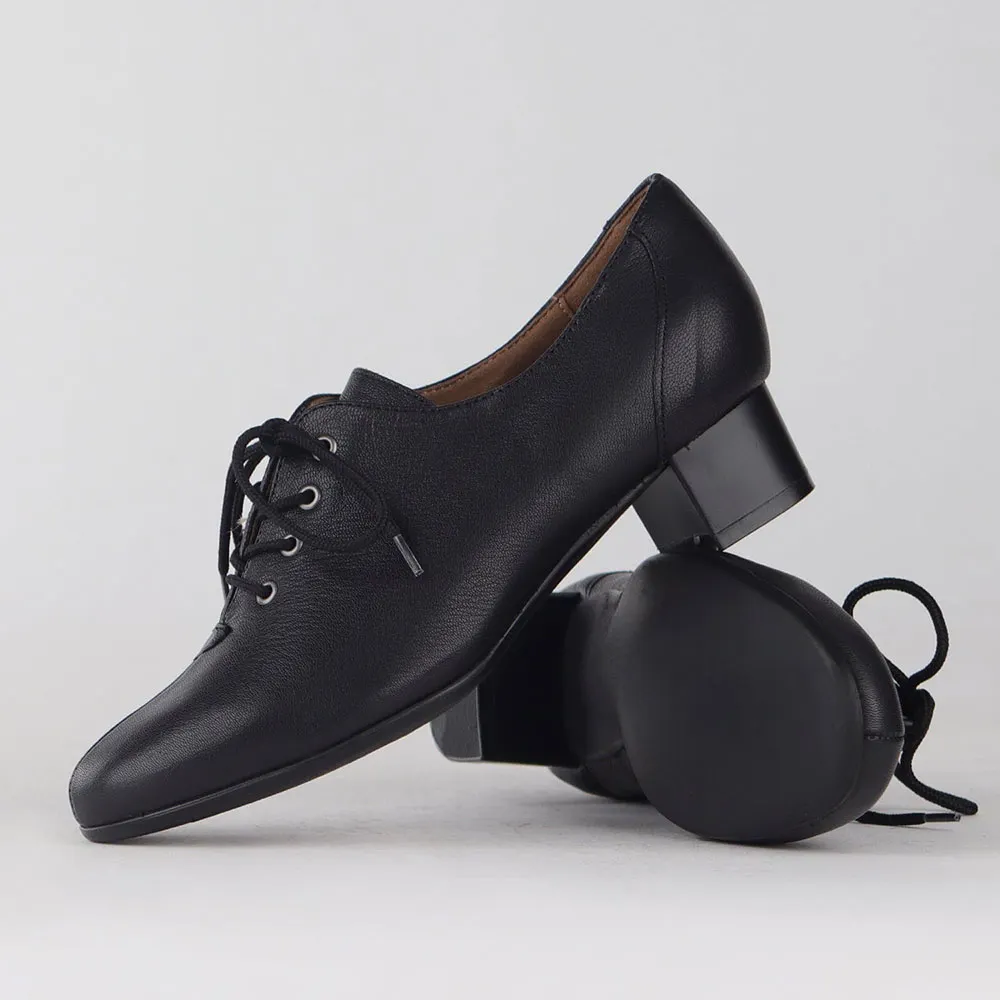 YDN Vegan Leather Round Toe Lace-Up Classic Black Heel Shoes