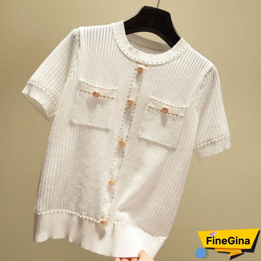 Summer Casual Button Thin Knitted T Shirt Women Hollow Out Tee Shirt Femme Tops T Shirts Female Tshirt Woman Clothes White