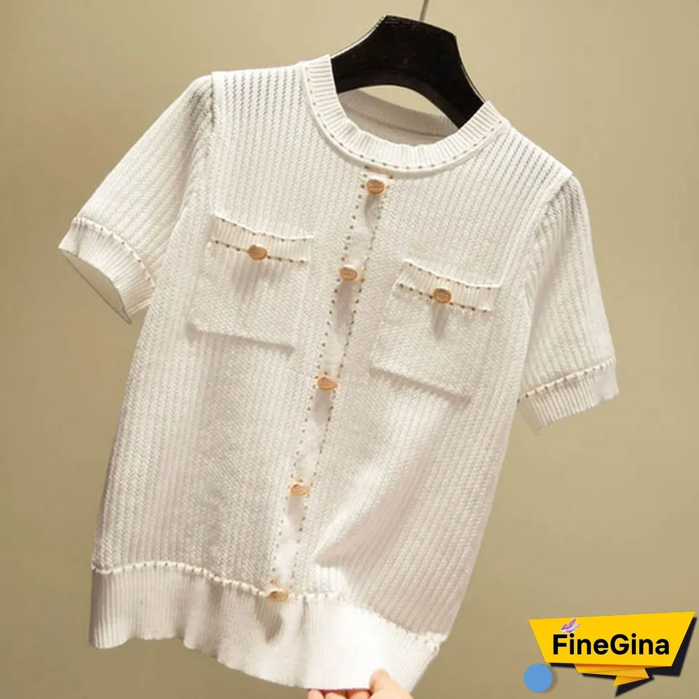 Summer Casual Button Thin Knitted T Shirt Women Hollow Out Tee Shirt Femme Tops T Shirts Female Tshirt Woman Clothes White