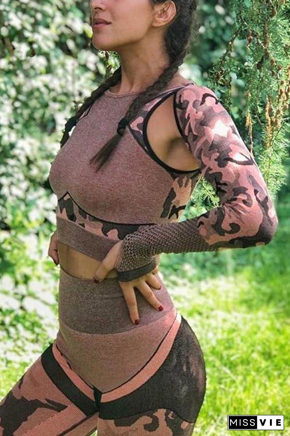 Camouflage Mesh Cut Out T Shirt Leggings Set
