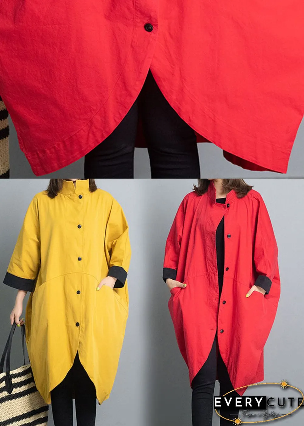 Fitted Red Loose Bat wing Sleeve Turtleneck Fall trench coats