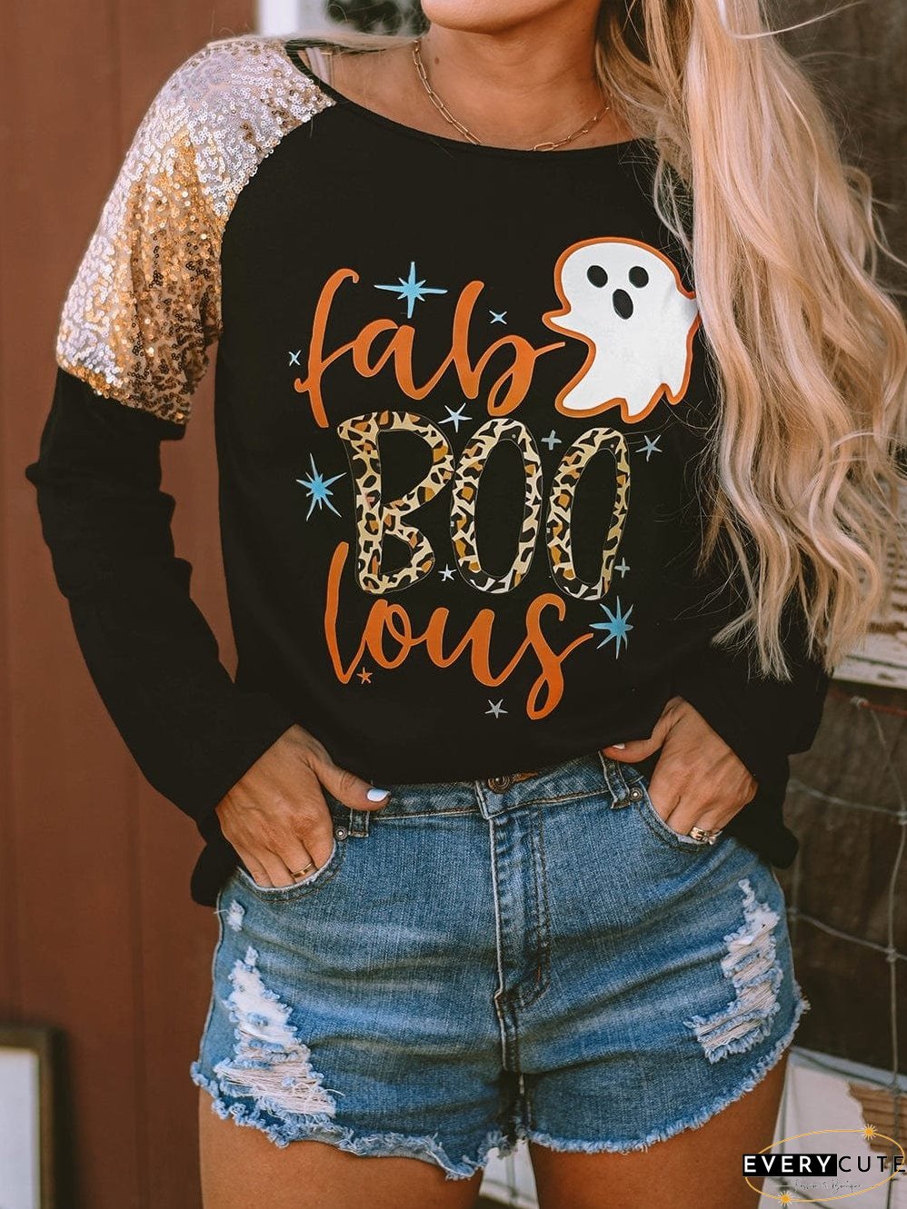 Halloween Graphic Raglan Top with Sequins