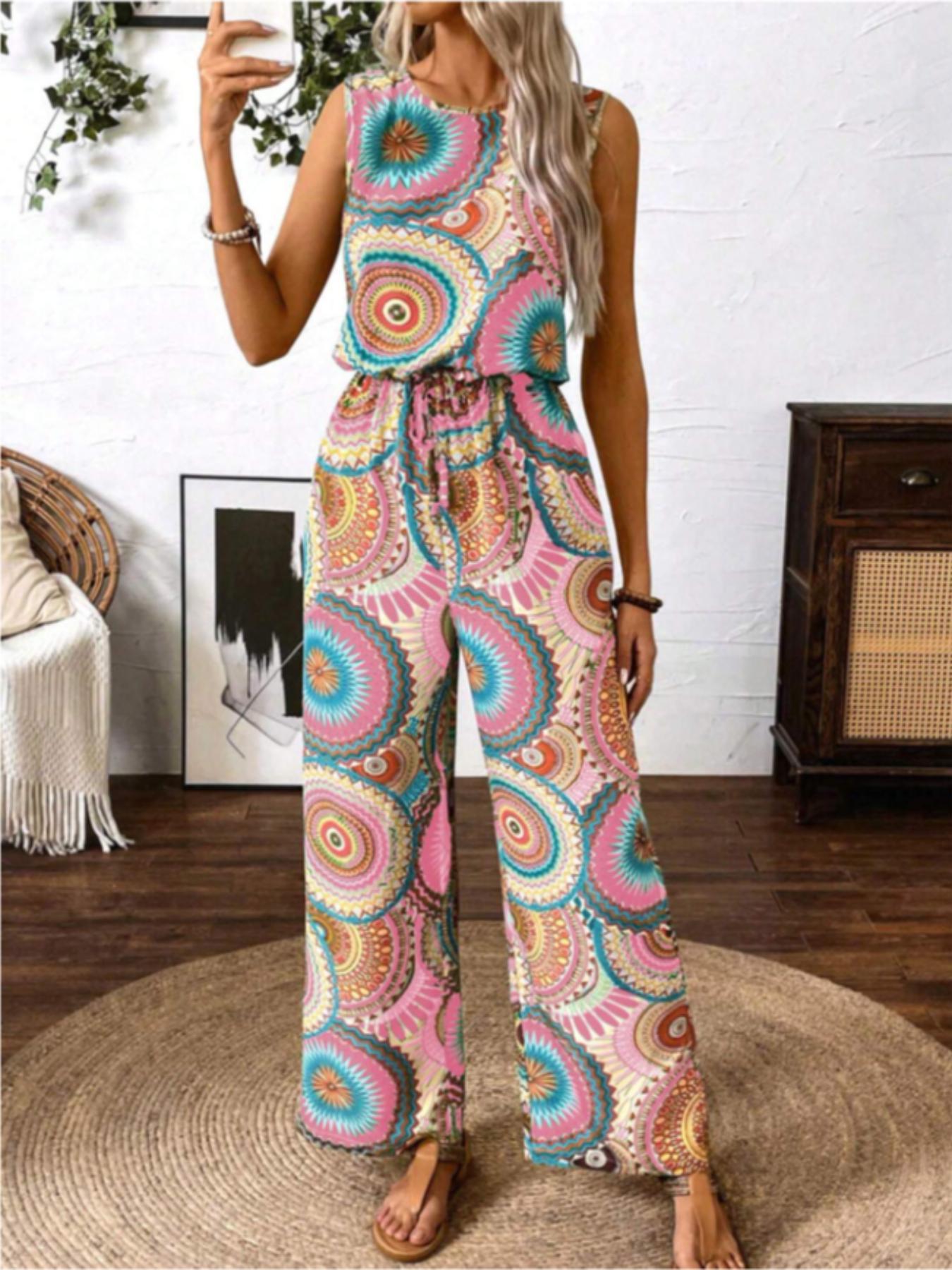 Women's Bohemian Style Sleeveless Jumpsuit, All over Print, Fitted, Casual, Round Neck, Wide Leg, Elastic Waist, Party & Vacation, Boho