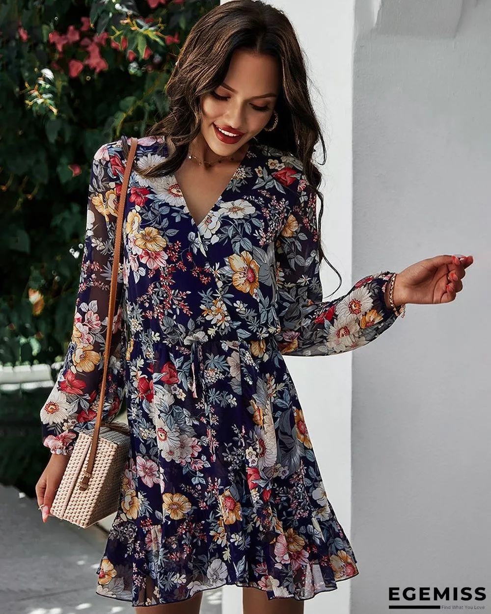 New Women's Spring/summer V-neck Long-sleeved Chiffon Print Dress | EGEMISS
