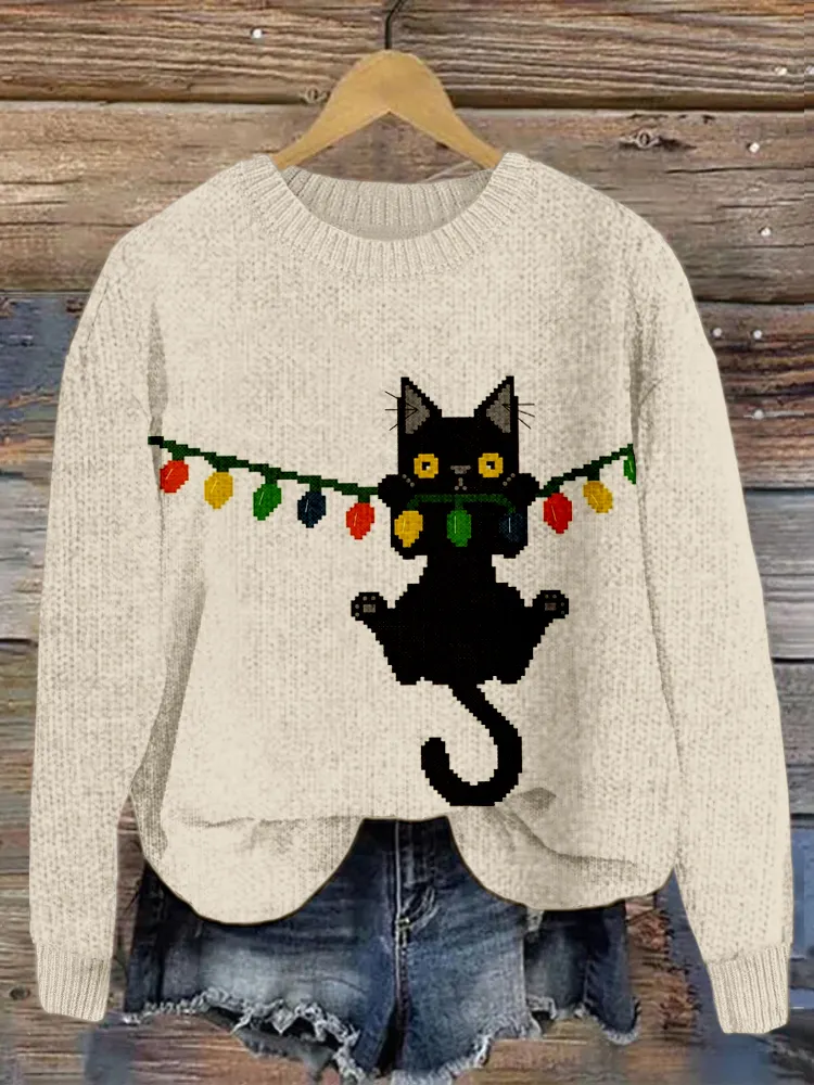 Funny Black Cat Hanging Christmas Lights Pattern Cozy Sweater