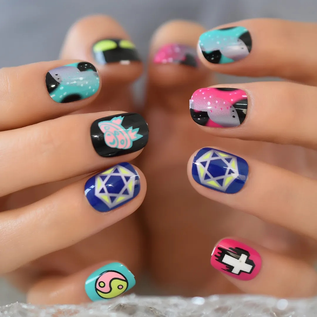 Colorful Anime Fingernails Press On Nails 2021 Magic Cartoon Pattern Square Short Full Cover Nails Gels/teens Nails Art Salely-Nail Inspo