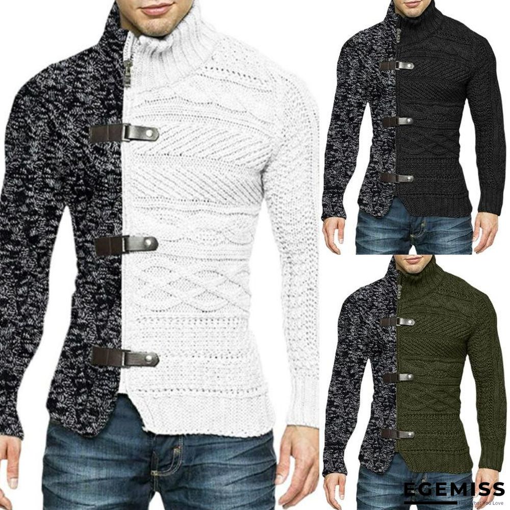 High Neck Sweater Men's Color Matching Leather Buckle Long Sleeve Knitted Cardigan | EGEMISS