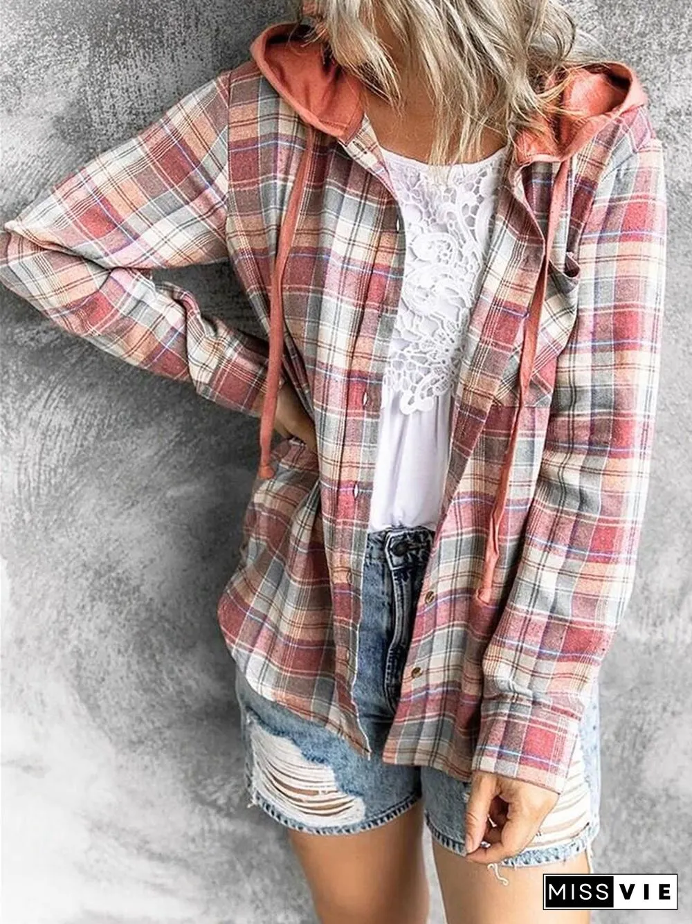 Oversizd Fit Button Up Hoodies Casual Multi Colored Hooded Flannel Shirt