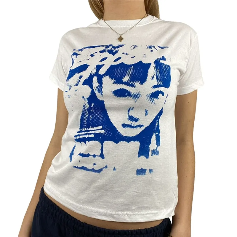Xingqing Y2K Summer Short Sleeve T-shirt Girls Creative Figure Printing Round Collar Tops Slim Base Shirt Harajuku Tee Top