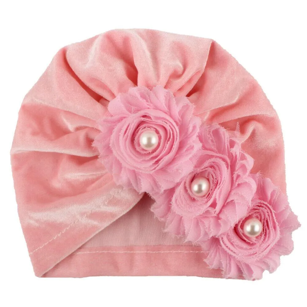 2019 Baby Accessories Newborn Infant Kids Baby Boy Girl Indian Turban Twist Knot Velvet Beanie Hat Pearl Flower Solid Soft Cap