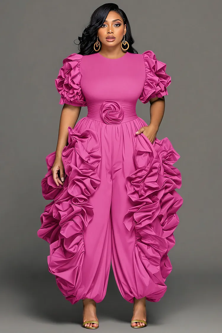 Xpluswear Design Plus Size Wedding Guest Hot Pink Round Neck Short Sleeve 3D Pocket Jumpsuits 2024 - Xpluswear