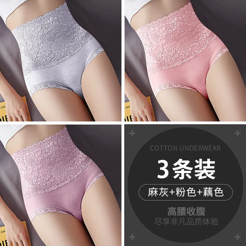 Women Lace Panties High Fit Cotton Panties High Waist Underwear Body Shaping Sexy Lingerie Slimming Tummy Control Pants 3Pcs
