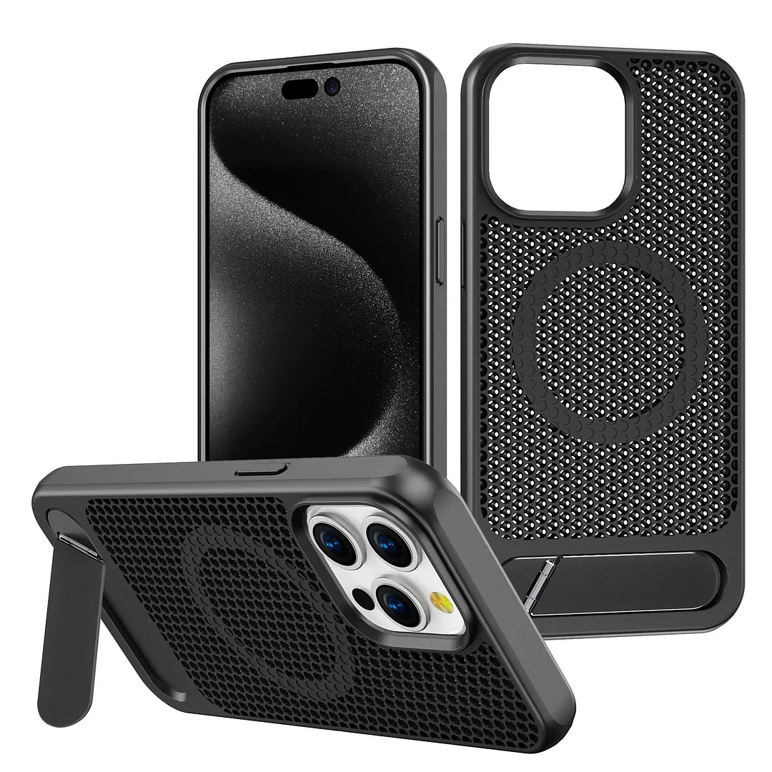 Skeleton Heat Dissipation Breathable Mag Safe Magnetic Apple Acrylic Phone Case with Stand 13 to 15 ProMax