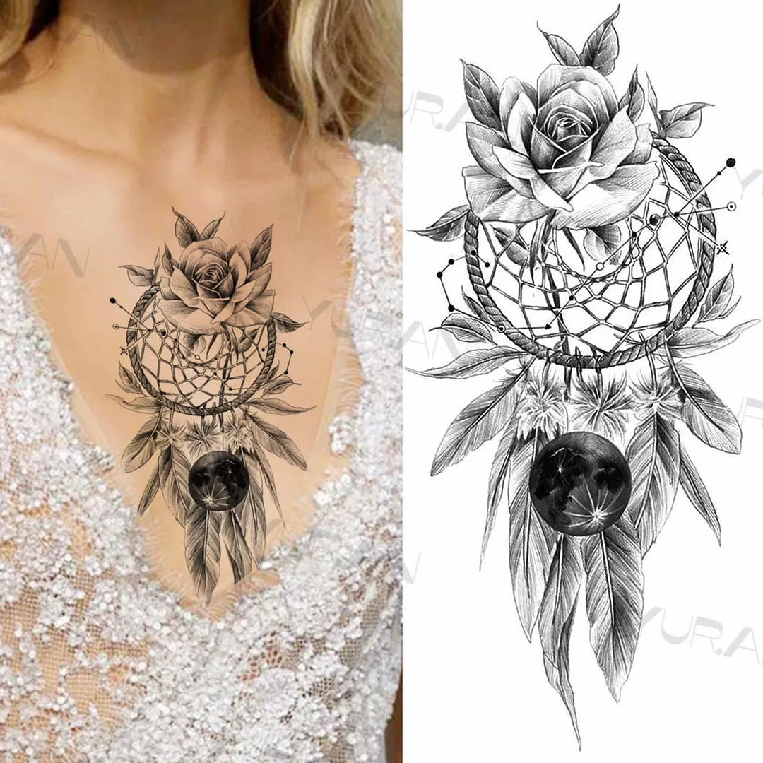 Black Large Snake Flower Fake Tattoo Sticker For Women Dot Rose Peony Temporary Tattoos DIY Water Transfer Tatoos Girls 530
