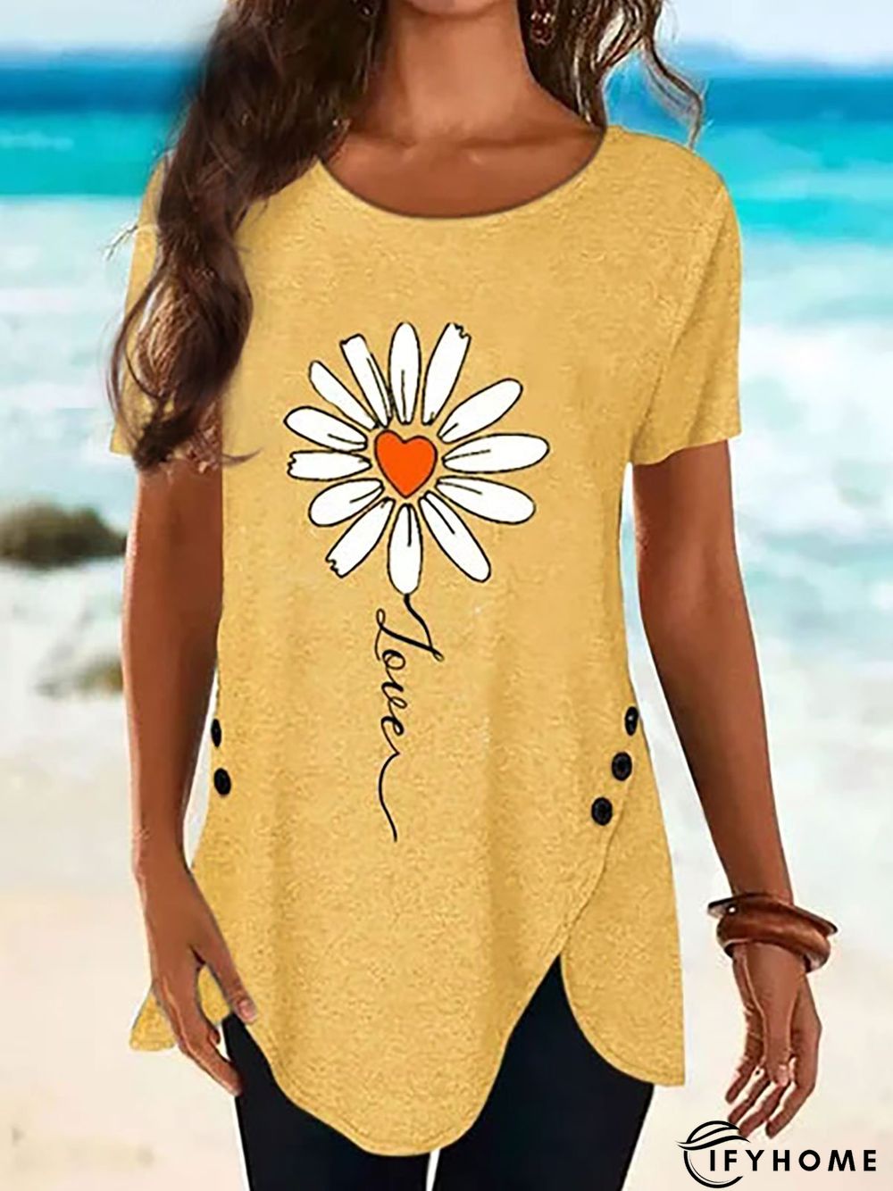 Women Casual Short Sleeve Floral Tulip Vacation Tunic Shirt Round Neck Asymmetrical Hem Button Side blouse Top | IFYHOME