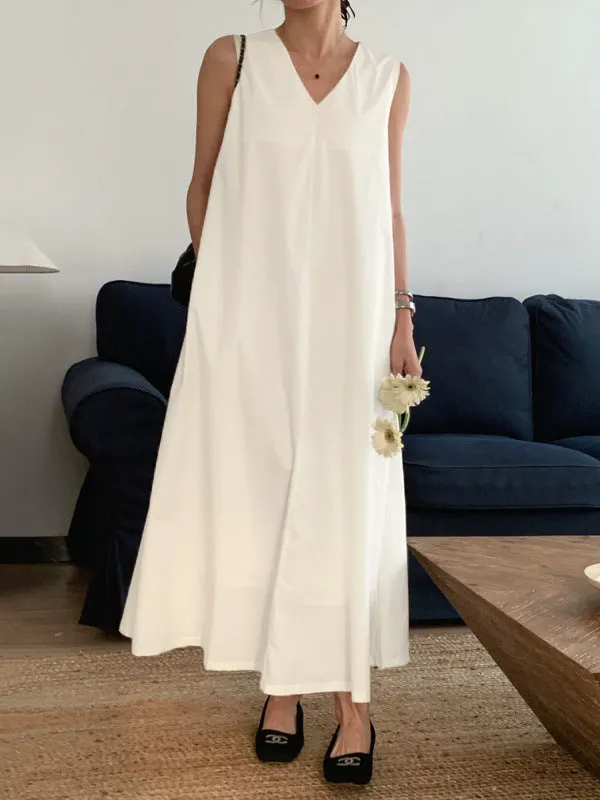 Casual Loose Solid Color V Neck Sleeveless Midi Dress