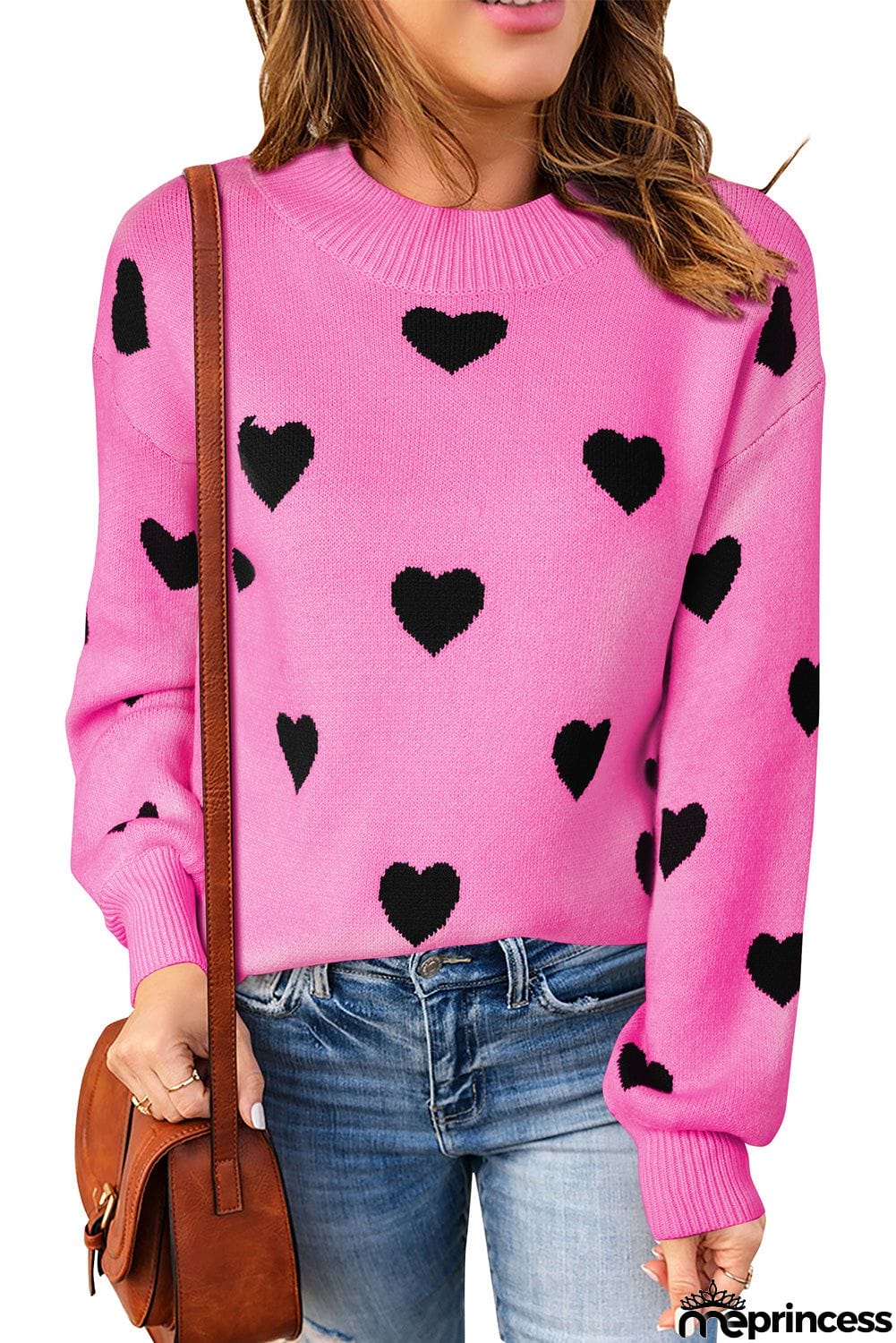 Heart Pattern Ribbed Trim Knit Sweater