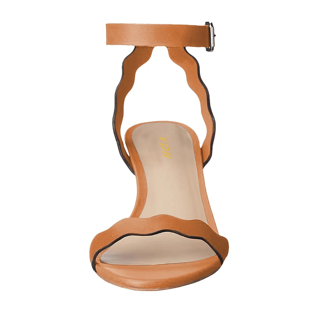 Simple Tan Vegan Leather Open Toe Ripple Strap Heels Sandals