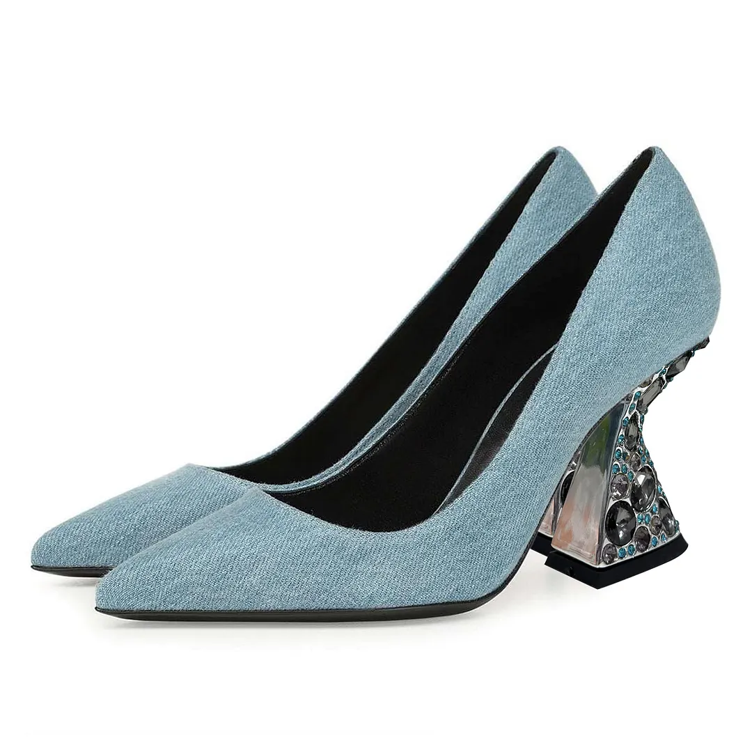 Denim Blue Pointed Rhinestone Embellished Heels for Elegant Ladies