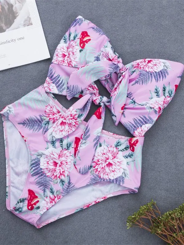 Hollow Printed Knot One-Piece Swimwear