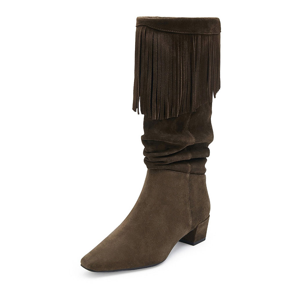 Dark Olive Slip On Mid Calf Block Heel Fringe Square Toe Slouch Boots Nicepairs
