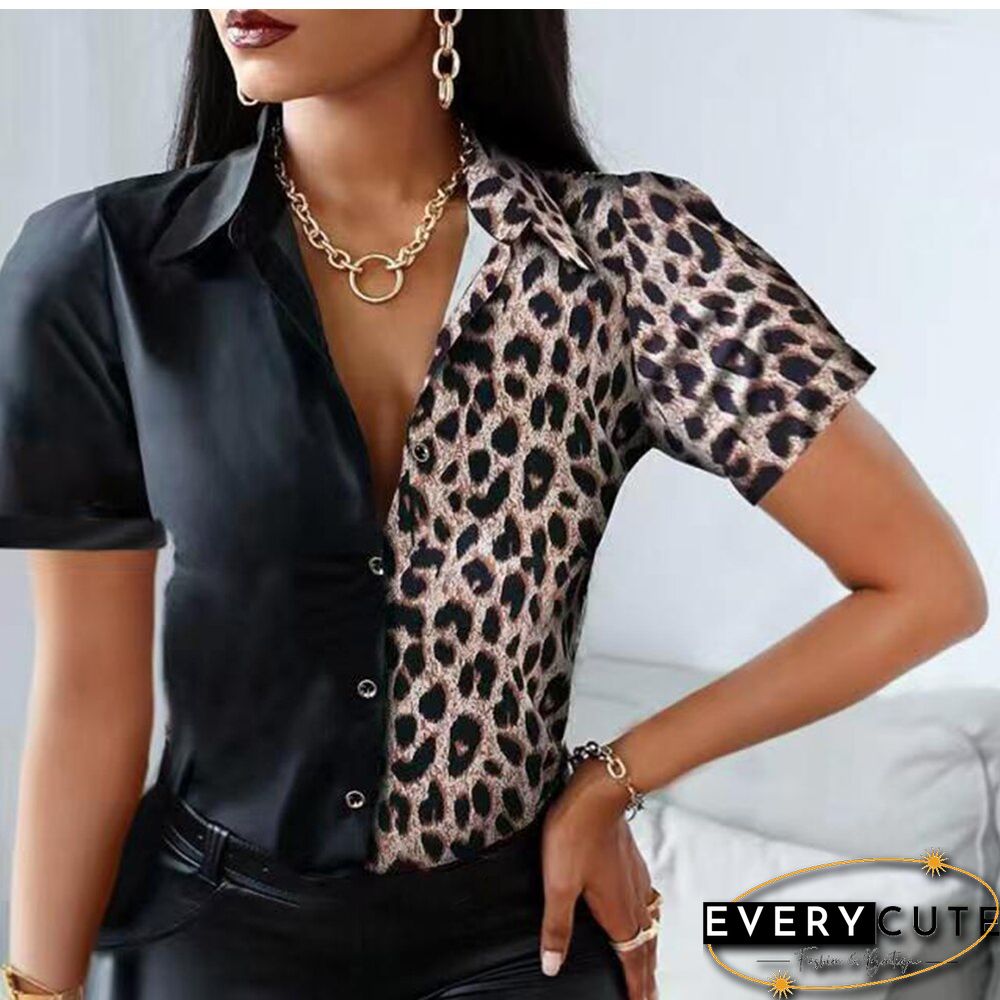 Summer Women Black Floral Print Top Shirt Fashion Casual Short Sleeve Turn-down Collar Tops Shirts New Elegant Slim Button Shirt