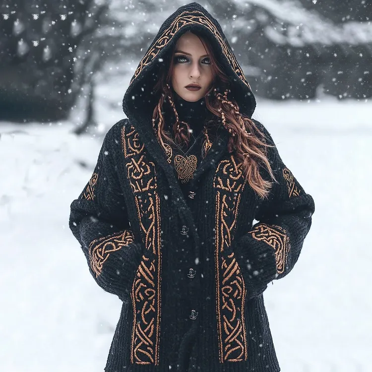 Women's Viking Tribal Dark Celtic Mythology Hooded Cardigan