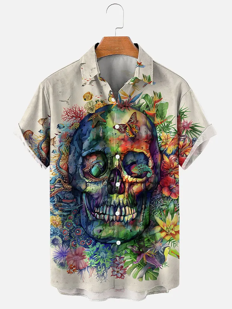 Men's Hawaiian Skull Halloween Floral Casual Print Shirt