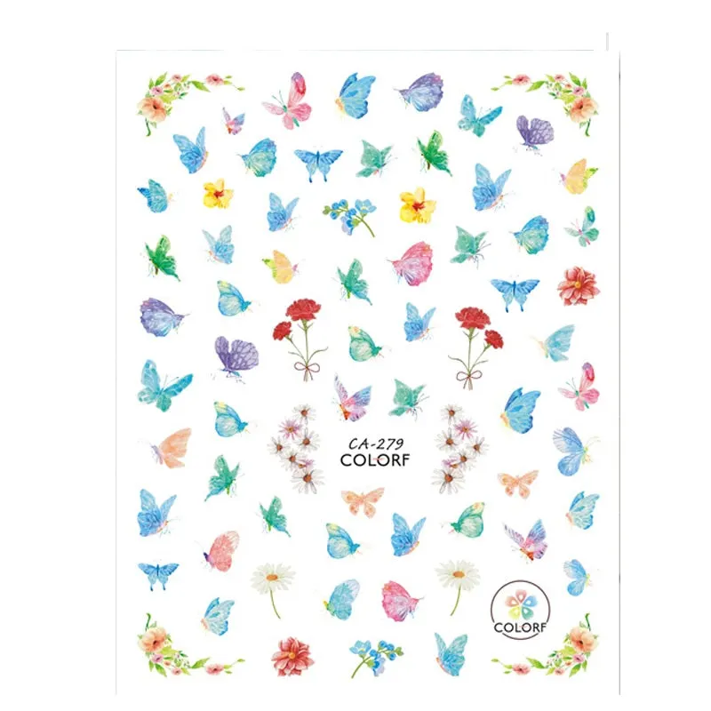 1pc Holographic Blue Nail Stickers Pink Colorful Butterfly Art Sticker With Adhesive DIY Extension Flowers Rose Nail Decoration-Nail Inspo