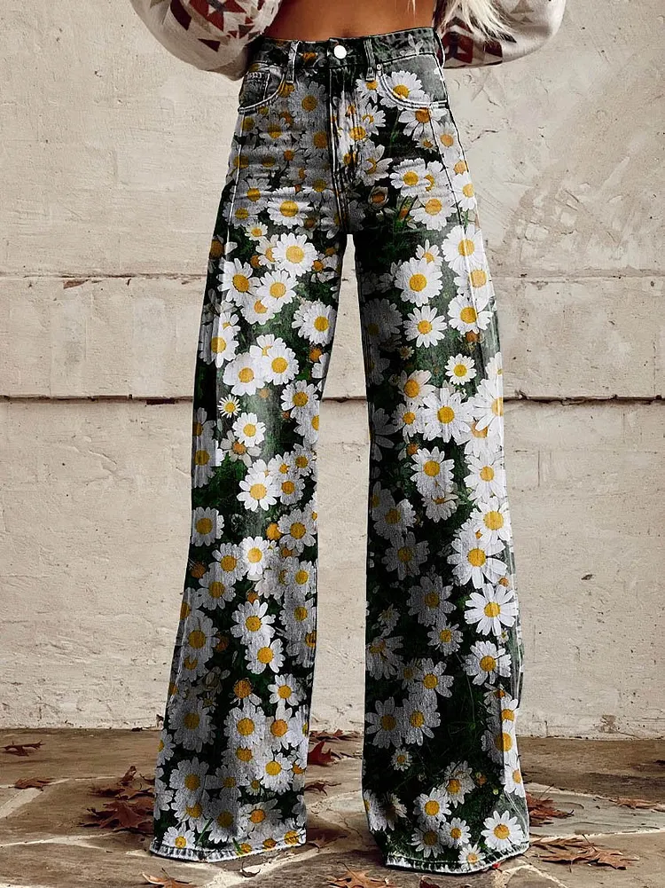 Women's Daisy Print Casual Wide Leg Pants