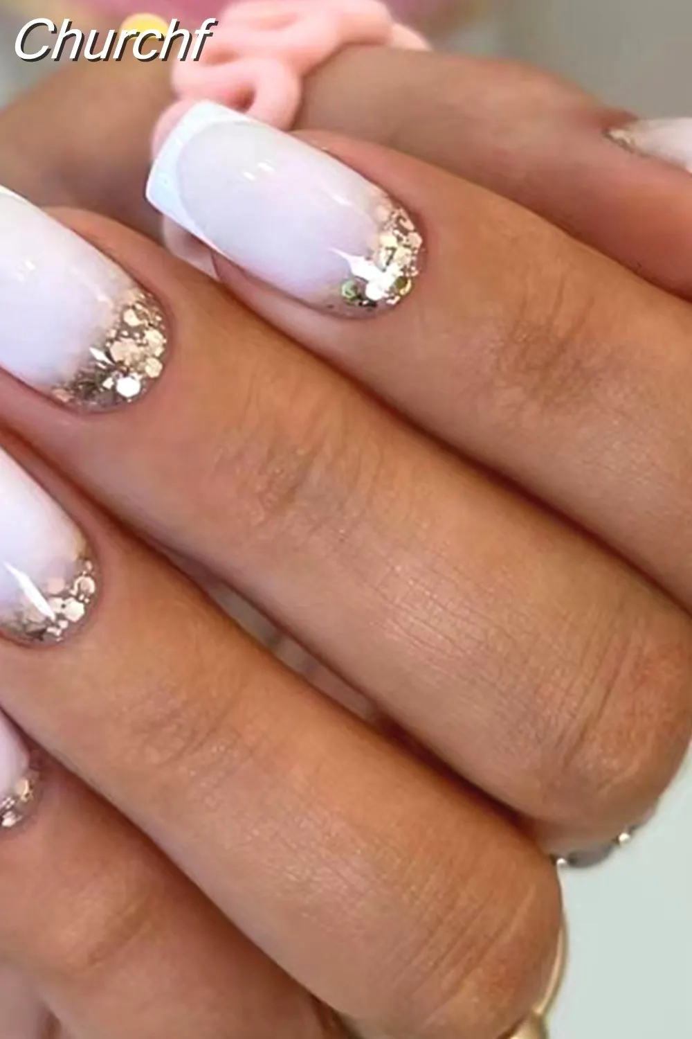 Churchf Nail Full Cover Fake Nail Pink Glitter Wearable French Short Nails Square Head False Nail Press On Nails Manicure Tool 715-1-Nail Inspo