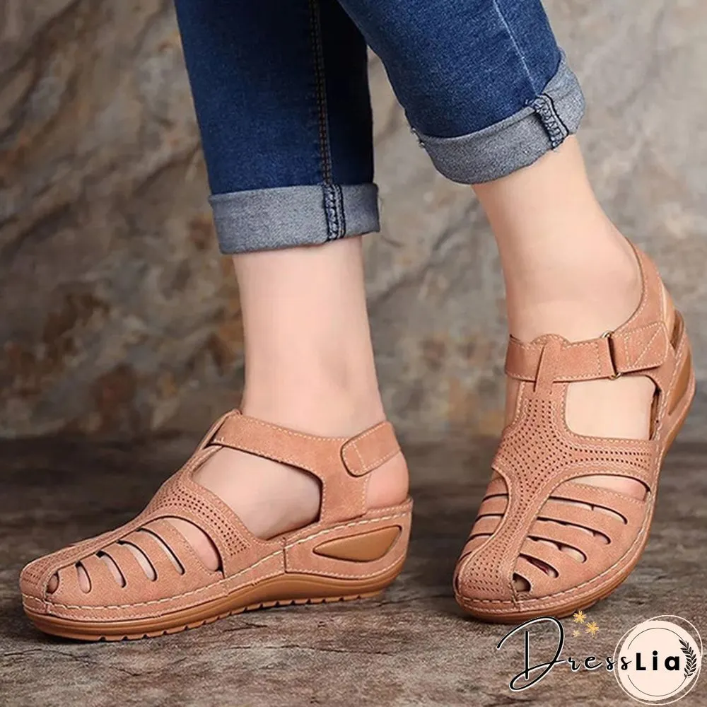 New Leather Hollow Out Vintage Sandals Casual Flat Sandals Summer Women Beach Sandal
