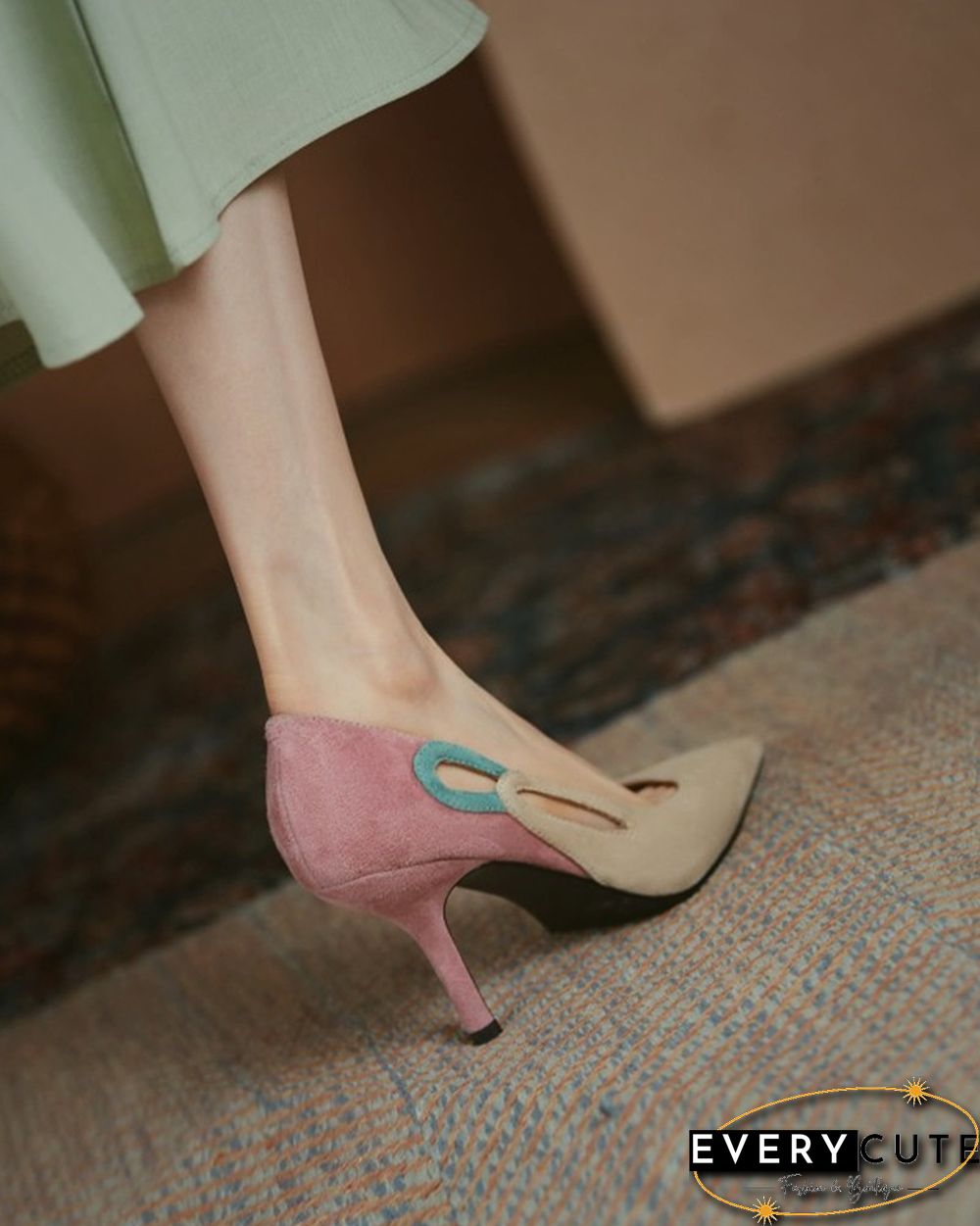 Colorblock Cut-out Suede Leather High Heel Sandals