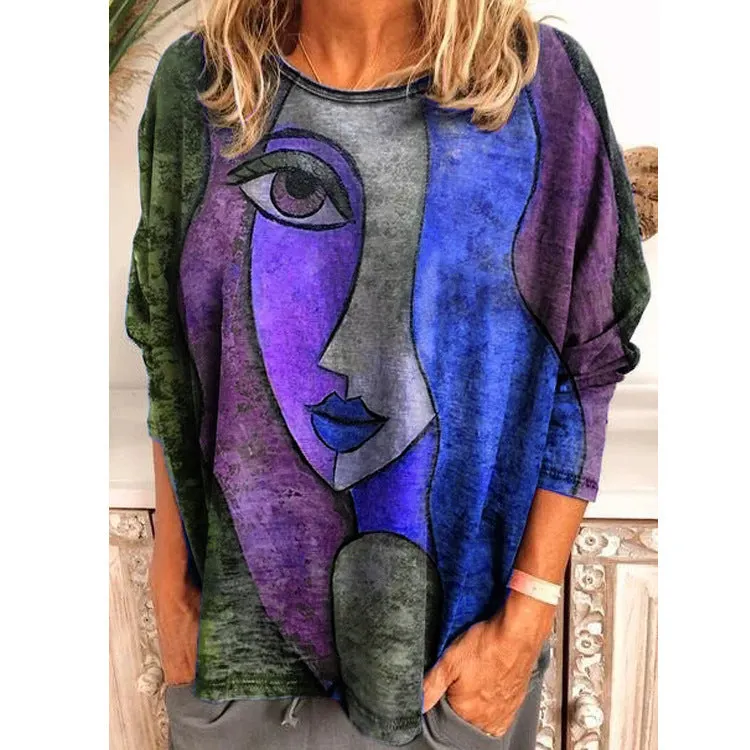 Brownm Size Women's Printing Print Long Sleeve Loose T-shirt