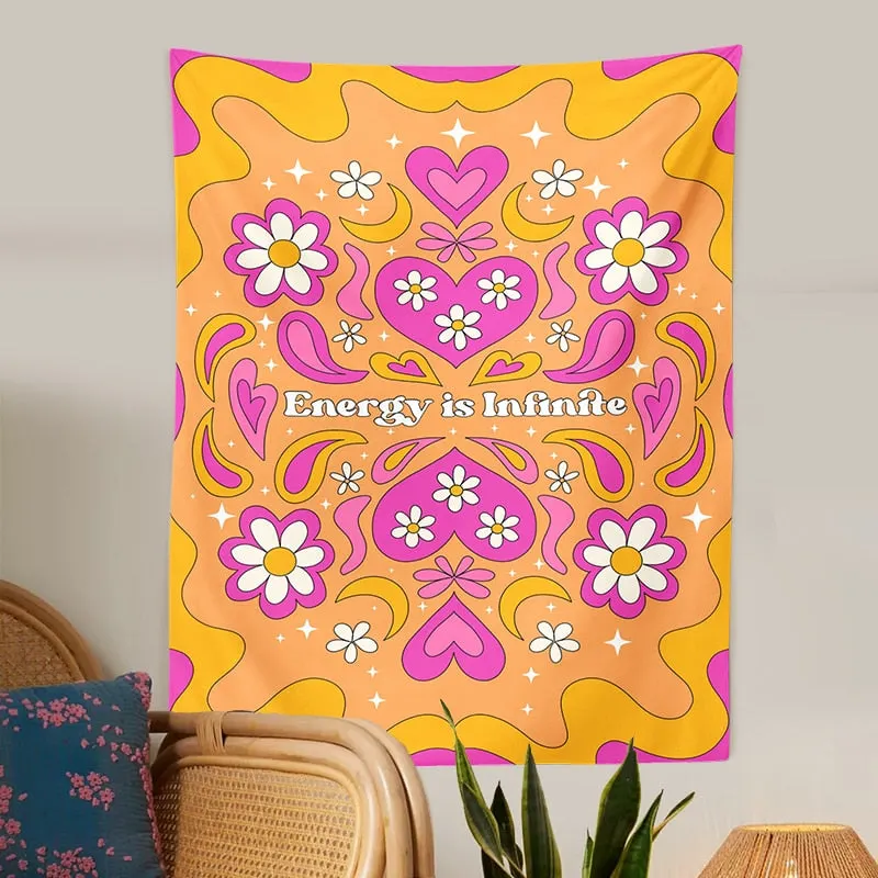 Vintage Heart Tapestry Wall Hanging Retro Hippie Wall Rugs Dorm Decor Blanket energy is infinite Room Decor Aesthetic Decor Art
