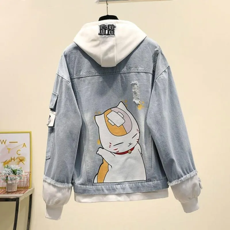 Fake Two-piece Hooded Denim Jacket Women Korean Loose Wild 2021 Autumn Winter New Chaqueta Mujer Hole Patch