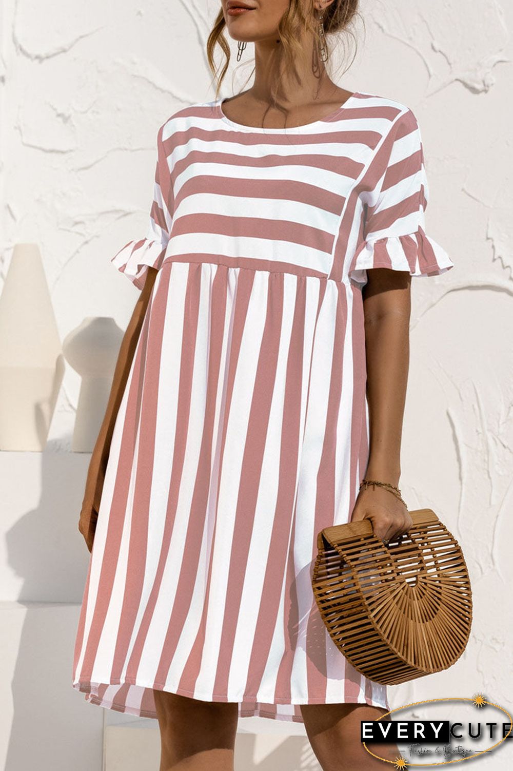 Fashion Casual Striped Split Joint O Neck A Line Dresses