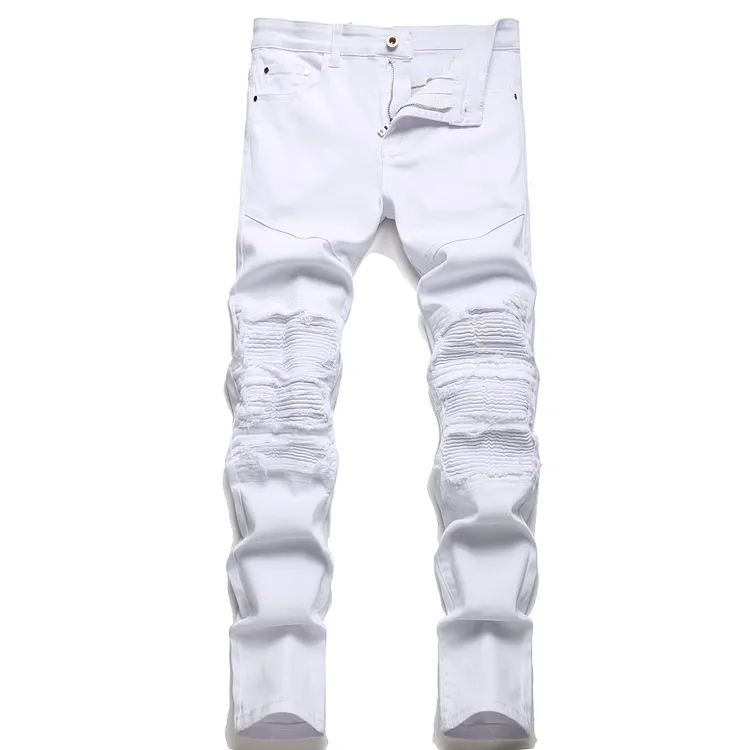 J Shaped Jeans Men's Straight Ripped White plus Size Pleated Denim Trousers