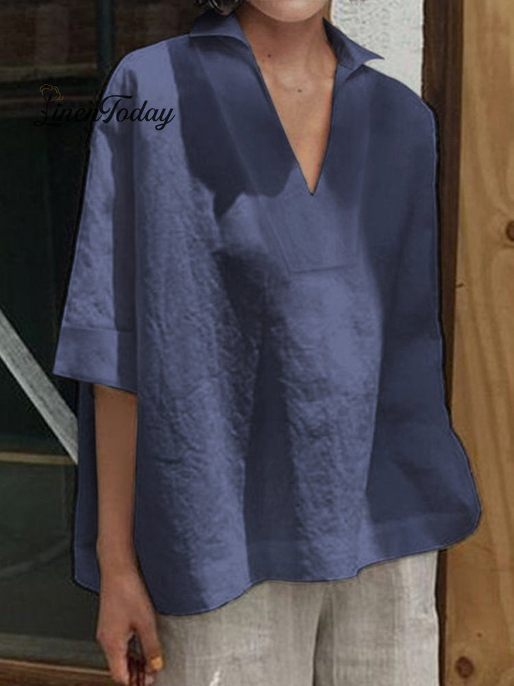 Women&rsquo;s V - Neck Cotton And Linen Solid Colour Loose Mid - Sleeve Shirt Dark Blue / S