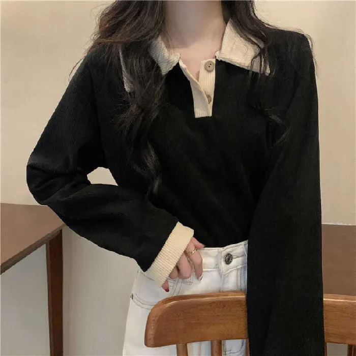 Brownm Brownm 2023 New Thin Lapel POLO Long-Sleeved T-Shirt Women's Versatile Show Thin Ins With Student Top Fashion