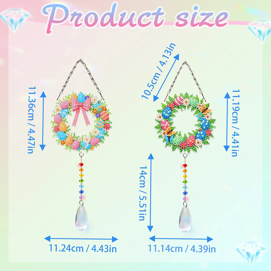 2Pcs Wreath DIY Acrylic Diamond Painting Art Wind Chimes with Crystal Pendant Diamond Art Hanging Pendant Double-Sided for Adults Beginners Gift Home Garden Decor