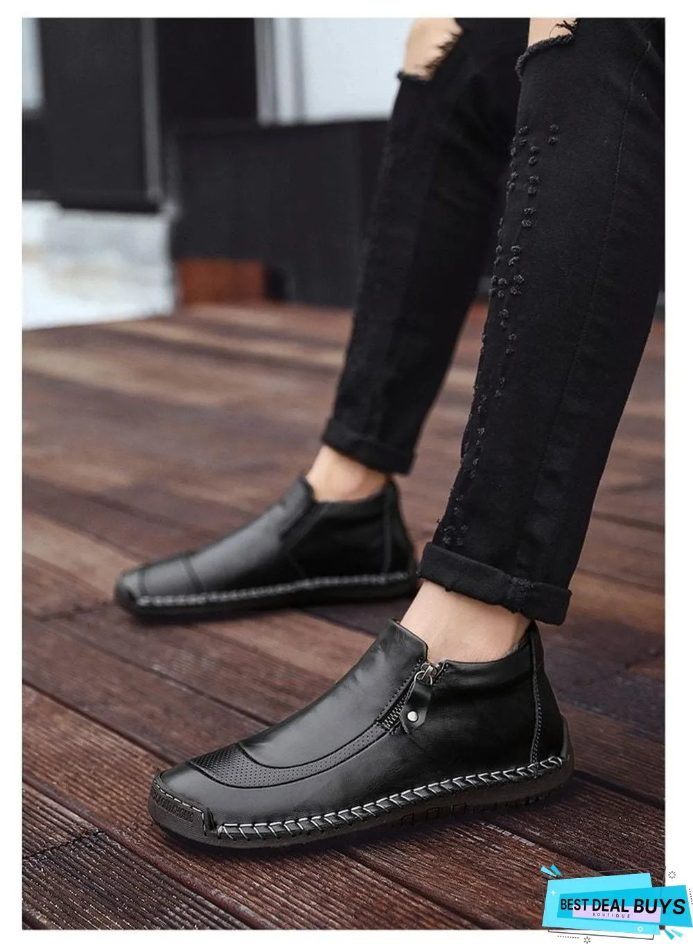 Men Boots Split Leather Ankle Snow Boots Warm Fur Men's Shoes Plush Winter Autumn Driving Shoes